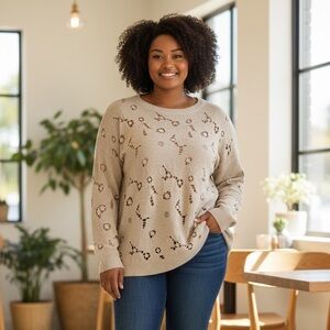 J. Jill Sweater Women's Size L Petite Tan Crew Neck Linen Blend Floral Long Slv